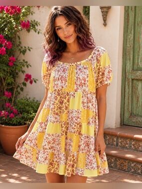 Ultra Flirt Patchwork Floral Puff Sleeve Babydoll Dress Size L A29
